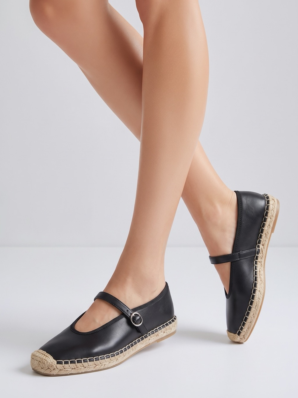Coutgo Black Mesh Espadrille Mary Jane Flats Square Toe Arch Support size 7